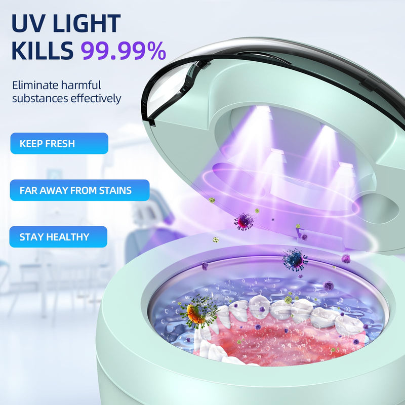 [Australia - AusPower] - Ultrasonic Retainer Cleaner, Retainer Cleaner for Dentures, Mouth Guards, Braces, Toothbrush Heads, Jewelry with UV-C Cleaner, 45kHz Ultrasonic, 4 Mode Ultrasonic Cleaner Machine (Green) Green 