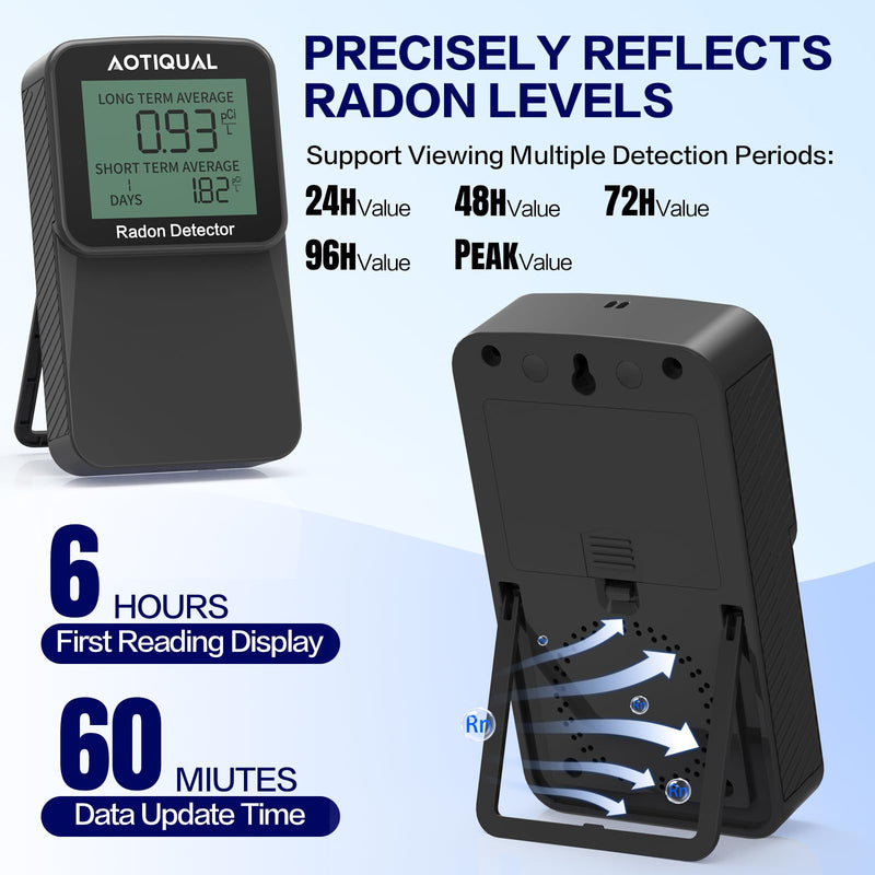 Digital Radon Detector LCD Display Dual USB Battery Power Options 3 Year Battery Life 10 Year Sensor Lifespan Accurate pCiL Concentration Detection for Home and Office Use