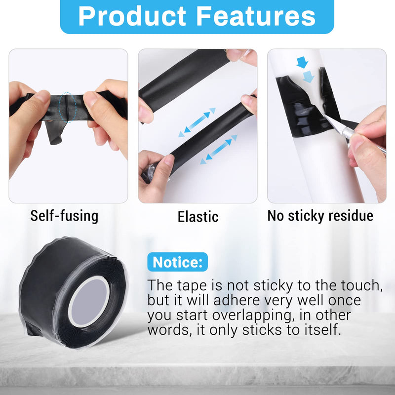 Black Self Fusing Silicone Tape, 2 PCS 1" X 11.8 Ft Silicone Rubber Rescue Tape for Pipe Hose Repair Plumbers Stop Leaking Waterproof Silicone Grip Thick Tape