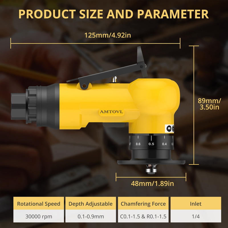 [Australia - AusPower] - AMTOVL Air Chamfer Tool - Mini Pneumatic Chamfering Machine, 30000 RPM Pneumatic Chamfering Tool, 45 Degree Air Beveling Machine with 1/4 Inch Air Inlet for Metal, Wood, Acrylic Deburring Yellow 