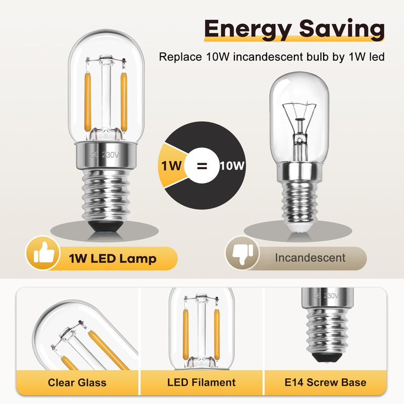 LED Light Bulb E14 Warm White 1 W 230 V, Fridge Light Bulb LED T22 E14 Warm White 2700 K, Replacement 10 W-15 W Halogen Bulb, Not Dimmable, for Night Light, Salt Lamp, Chandelier, Sewing Machine, Set 1 W Warm White