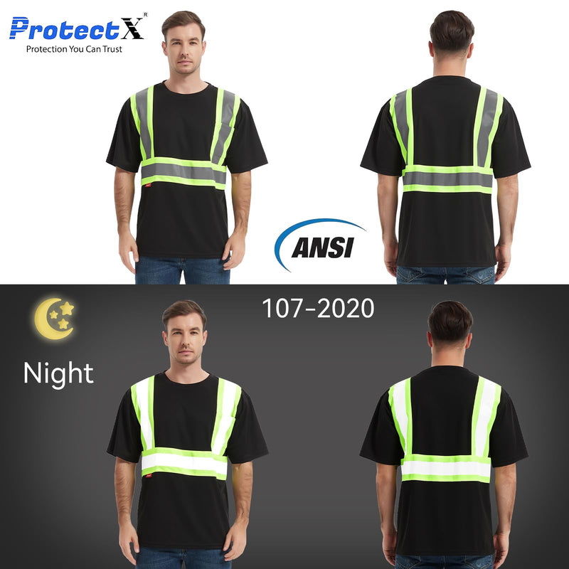 ProtectX High Visibility Shirts Short Sleeve Reflective Hi Vis Safety Shirts for Men and Women Construction Shirts 2 Pack Black Short Medium