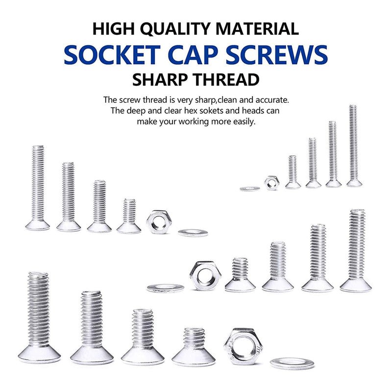 NINDEJIN 880Pcs M2 M3 M4 M5 Stainless Steel Precise Metric Hex Socket Head Cap Machine Screws,Round Flat Socket Bolts and Nuts Set and Washers Assortment Kit +Wrench (Flat Head Cap) 880 Hex Flat Head Socket Screws Nuts