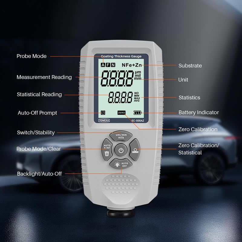 [Australia - AusPower] - EC-500AZ Paint Thickness Gauge for Cars, Digital Paint Meter, Mil Coating Thickness Tester with Auto Fe/NFe/Zn Detection, AVG/MAX/MIN Statistics for Used Car Buyers and Detailers 