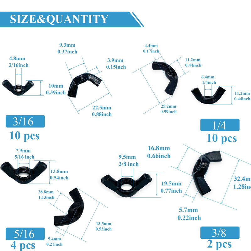 [Australia - AusPower] - 26 Pcs 4 Sizes 3/16",1/4",5/16",3/8" Wingnuts, Quality Carbon Steel Wing Nuts Black Zinc Plated Fasteners Parts Butterfly Nut, Hand Twist Tighten Hardware Nuts Butterfly Wing-Nut Assorted Kit 4 Sizes-26 Pcs-Black 