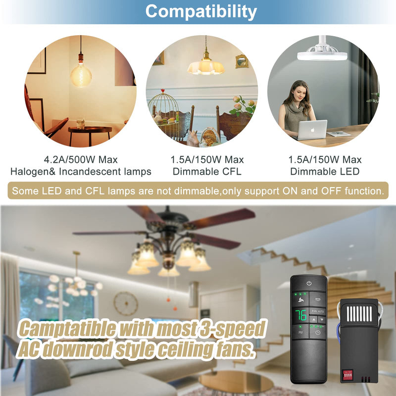 3-Speed Universal Ceiling Fan Thermostatic Remote Control for Hampton Bay Harbor Breeze Hunter Honeywell Home Decorators Collection, with Timer & Comfort Breeze & Walk Away Time Delay Hampton Bay (HD3+71R Kit)