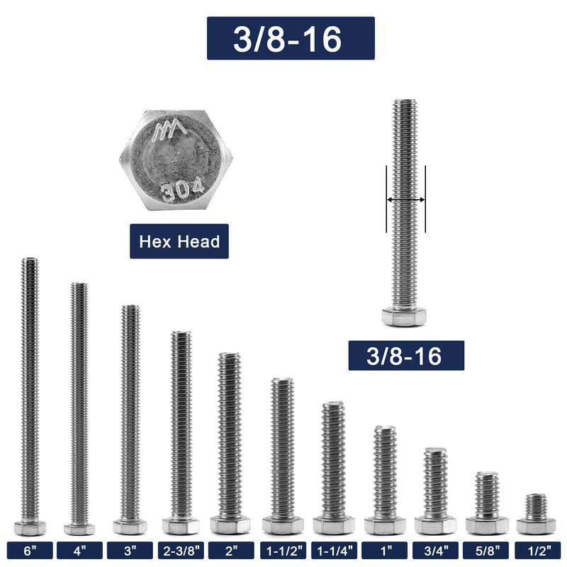 [Australia - AusPower] - 3/8-16 x 1/2" Hex Head Screw Bolt, 10Pcs 18-8 (304) Stainless Steel, Fully Threaded, Plain Finish, by SG TZH 10 3/8-16 x 1/2" 