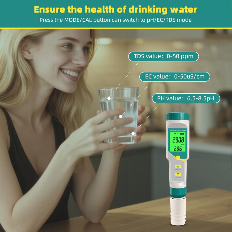 [Australia - AusPower] - 7 in 1 Digital Water Tester Pool Salt Tester Salinity, PH, TDS, EC, ORP TDS Meter, PH Meter for Water with LCD Backlit Testing Kits for Swimming Pool,Saltwater, Sea Water, Fish Tank 