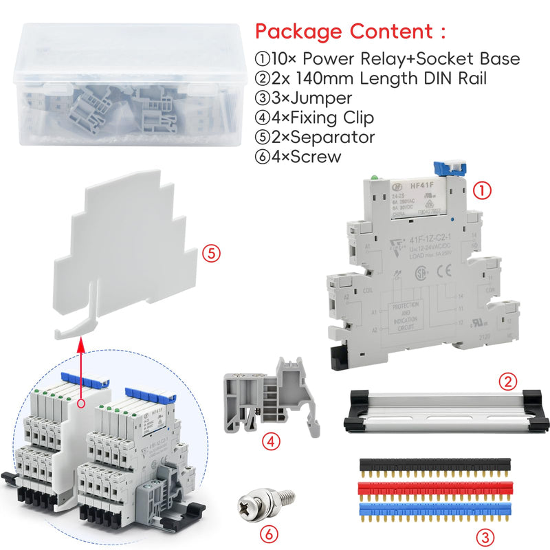 [Australia - AusPower] - 10Pcs Miniature Electromagnetic Relay 24V Coil DC/AC; Signal Relay for PLC; HF41F/24-ZS 1NO 1NC 6Amp SPDT with Jumper, Separator, 24V Relay Din Rail, UL Certification 10 PCS +24VDC/AC 