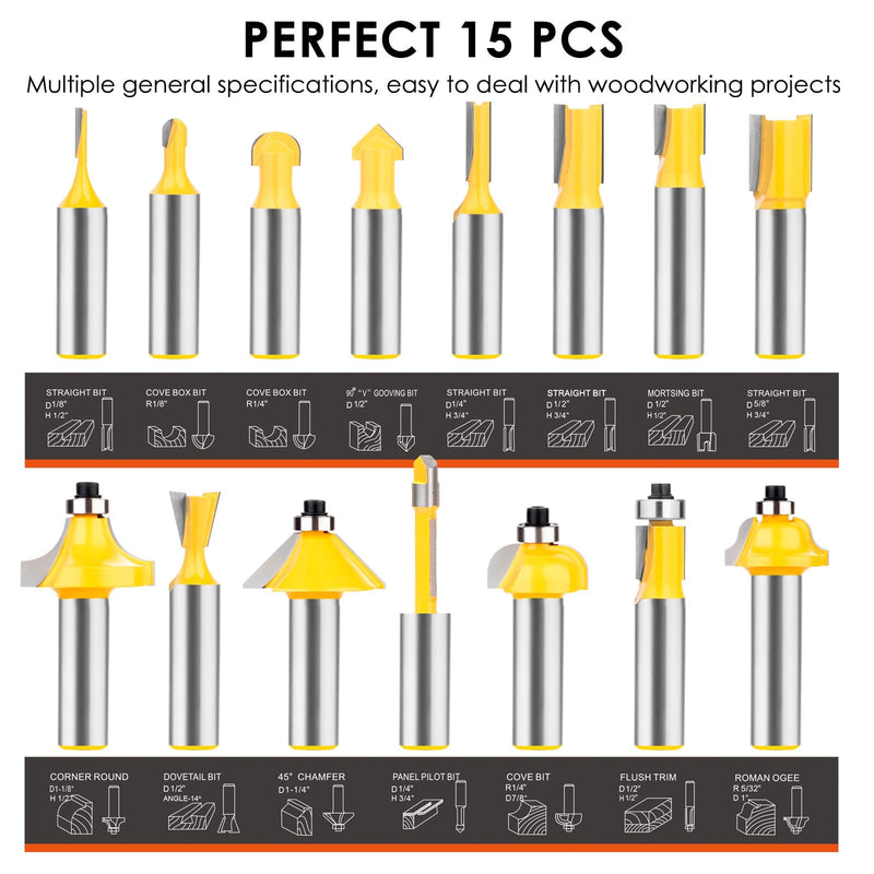 BAIDETS 15 Pcs Router Bits Set 1/2 Inch Shank, Tungsten Carbide Router Bits, Woodwork Tools 15 Pcs, 1/2" Shank