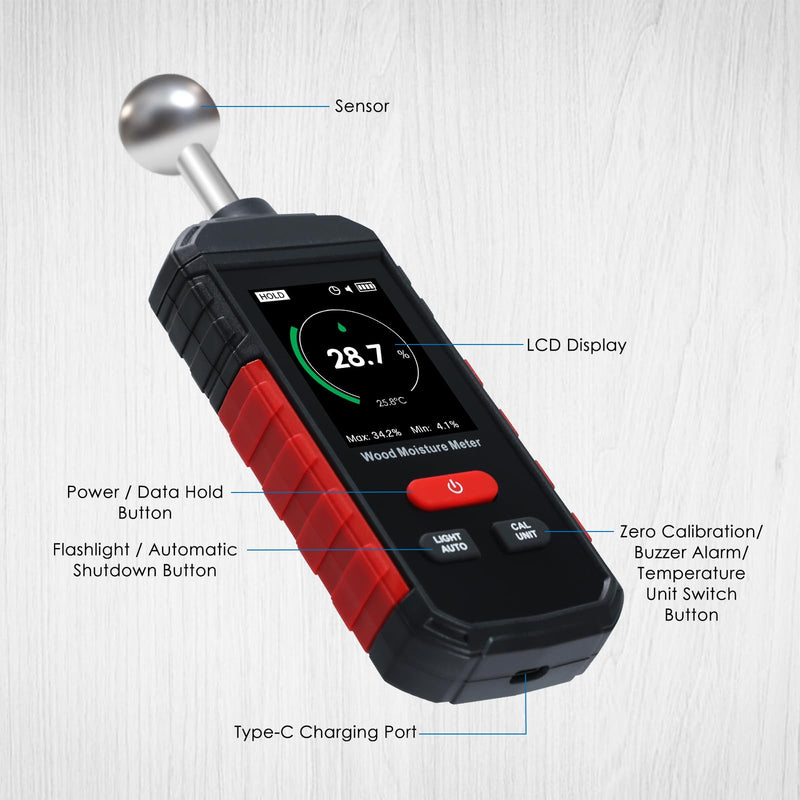 [Australia - AusPower] - Rechargeable Wood Moisture Tester for Wood Tester Reader for Furniture Firewood Moisture Tester, Drywall Moisture Detector Moisture Content Meter Lumber Logs Floors Carpet Ceiling Building Material 
