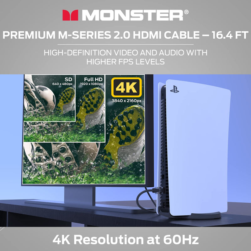 Monster M-Series Certified Premium HDMI Cable 2.0, High-Speed 22.5 Gbps, 4K UHD 60Hz, Triple-Layer Shielding, Duraflex Jacket, HDMI Cable for TV, Monitor, Gaming, PC, 16.4 ft