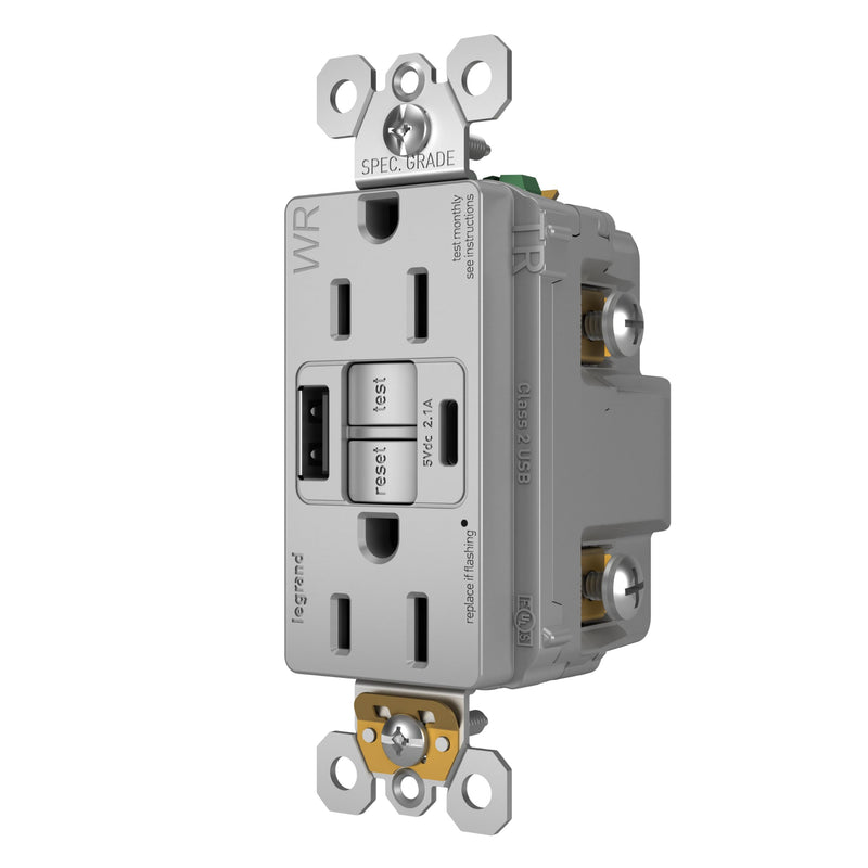 Legrand Pass & Seymour Radiant 15 Amp GFCI Weather-Resistant Wall Power Outlet with 2.0 Amp USB Charger, Gray