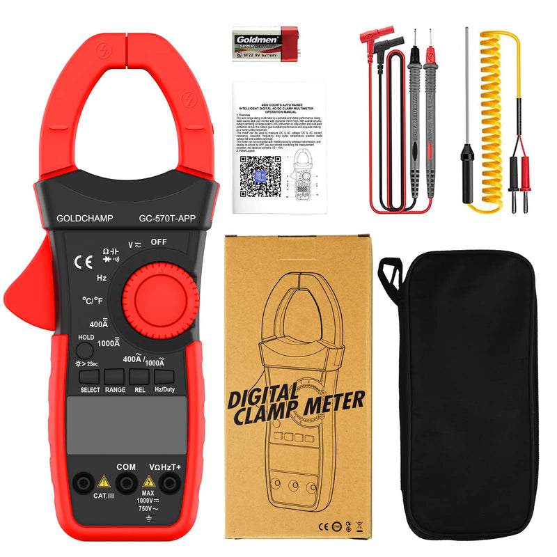 [Australia - AusPower] - Digital Clamp Meter Multimeter 4000 Counts Amp Voltage Tester with APP, Capacitance, Voltage, Resistance, True RMS AC Current, Diode Test, Audible Continuity, Temperature, Non-Contact Multimeter - Red 
