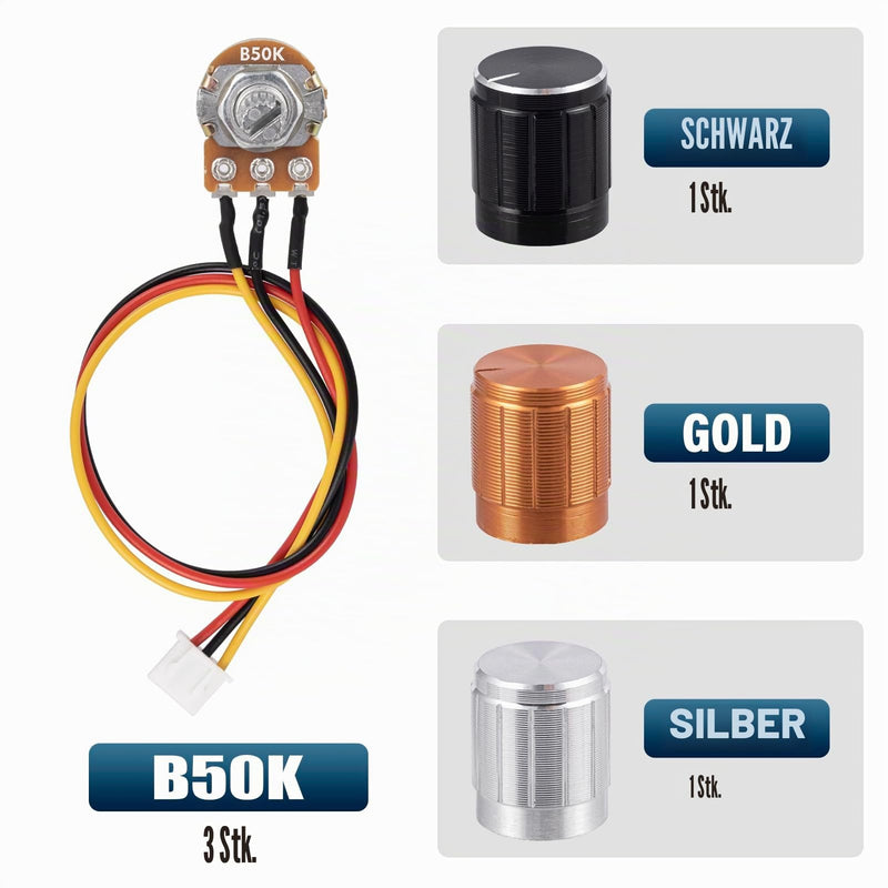 Pack of 3 50K Ohm B50K Potentiometer Mono Linear WH148 Rotary Potentiometer 3 Clamps Rotary Taper Single Potentiometer Variable Resistors with XH2.54-3-Pin Connection Cable and 3 Pieces Rotary Knob