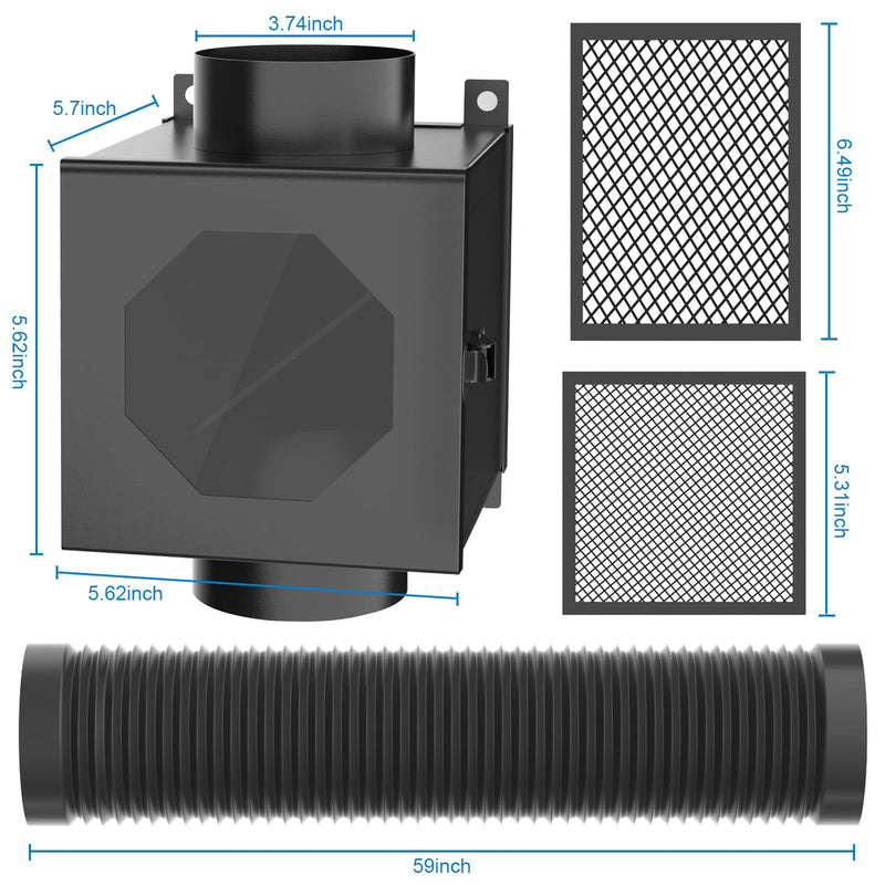 4 Inch Dryer Lint Trap Kit, Metal Lint Collector Box with 90° Elbow Connector, 2 Filter Screens, Exhaust Hose Clamps, Aluminum Foil Tape & Cleaning Brush 90°-black