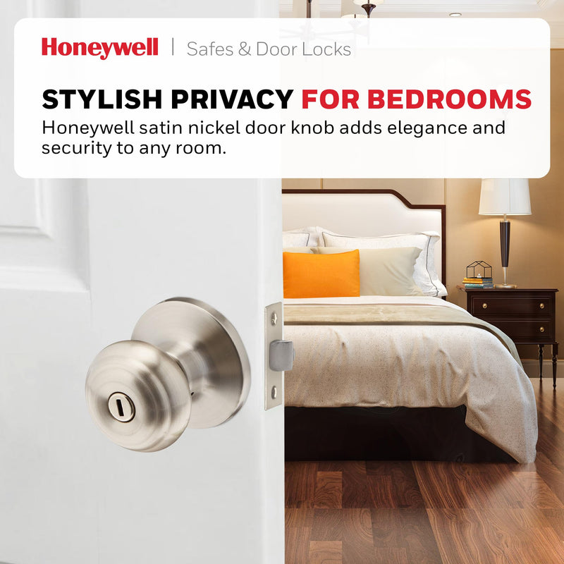 Honeywell Safes & Door Locks - Bedroom Door Knob with Lock and Key - Locking Interior Door Knobs Ideal for Closet, Room & Bathroom Requires Privacy - 5.25" L x 2.75" W Inches - Satin Nickel - 8101302