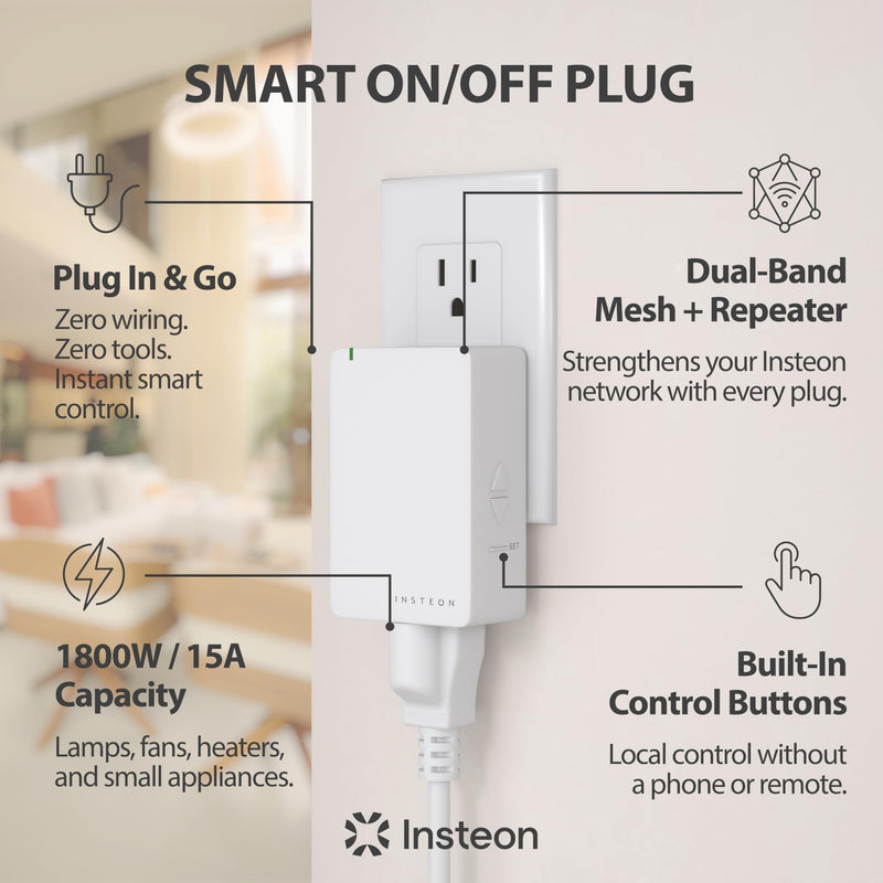 Insteon Smart On/Off Plug-in Module, 1800W Indoor Smart Outlet - 2635-222 | Dual-Band, Acts as an Insteon Mesh Network Repeater, Indoor Use Only, Hub Required for Amazon Alexa & Google Home Assistant On/Off Plug In Module