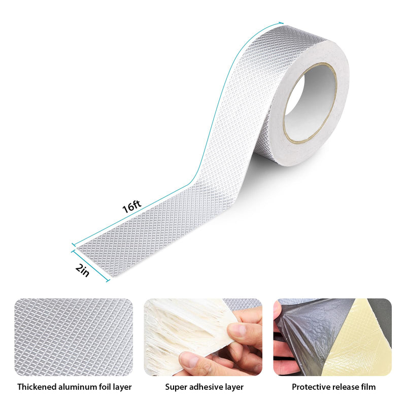 Waterproof Butyl Sealing Tape, Strong Adhesive Aluminum Foil Metal Roof Repair Tape for RV Roof Sealing, Flashing Seams, Gutters, Skylight and Vent Pipes Waterproofing, 2" x 16ft 2 in x 16 ft (W x L)