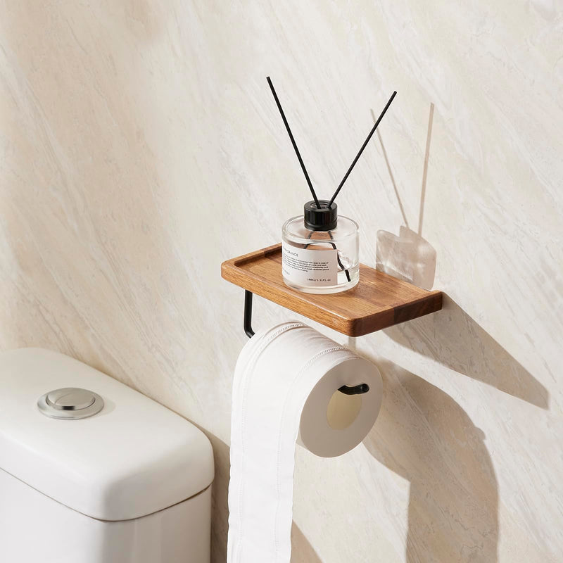 Yangbaga Toilet Paper Holder with Shelf: Wall Mount Bathroom Tissue Roll Storage with Adhesive& Screw, Matte Black Aluminum Alloy Bathroom Accessories Wood Shelf for Phone Wipes 7.5in*4.3in*3.46in