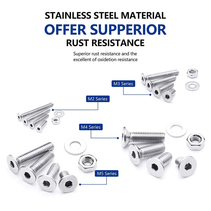 NINDEJIN 880Pcs M2 M3 M4 M5 Stainless Steel Precise Metric Hex Socket Head Cap Machine Screws,Round Flat Socket Bolts and Nuts Set and Washers Assortment Kit +Wrench (Flat Head Cap) 880 Hex Flat Head Socket Screws Nuts