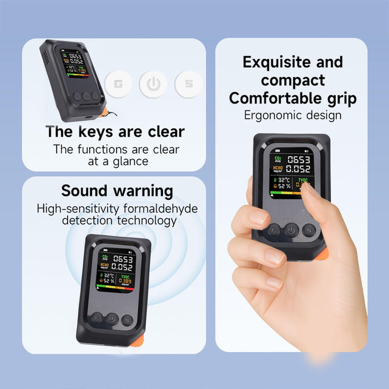 5 in 1 Air Quality Detector, CO2 TVOC HCHO Temp Humid Monitor Rechargeable Battery Voice Alert for Home Office Travel