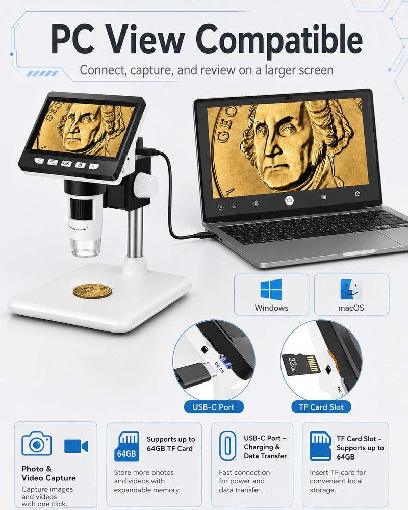 AOPICK Microscope Mobile Phone, LCD Digital Microscope 50X-500X Resolution, 4.3 Inch 1080P USB Microscope with 8 Adjustable LED Lights, PC View, for Adults / Children, Compatible with MacOS Windows White Small