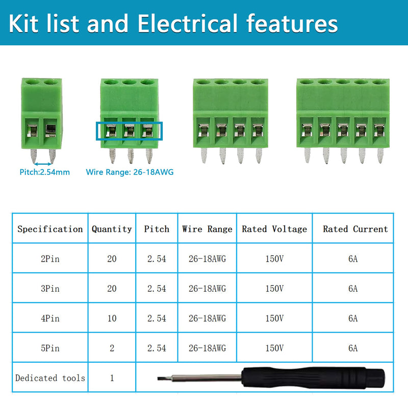 [Australia - AusPower] - 52PCS 2.54mm 0.1" Pitch PCB Mount Screw Terminal Block Connector, Minidodoca 2P 3P 4P 5P Terminals 150V 6A for 26-18AWG Cable?Equipped with Special Screwdriver 52pcs Terminal Block Connector 