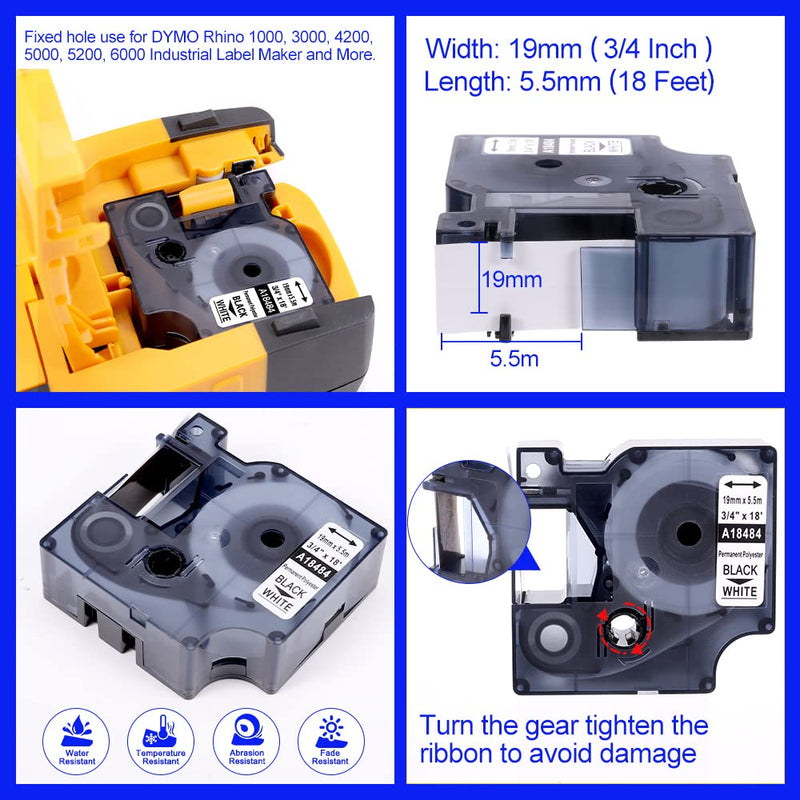 Replace for Dymo18484 Label Tape 3/4 19mm Use for Rhino 4200 5200 6000 3000 Industrial Label Makers, Compatible with Dymo Rhino Permanent Polyester Label Tape Black on White 3/4" x 18', 4 Pack 3/4"