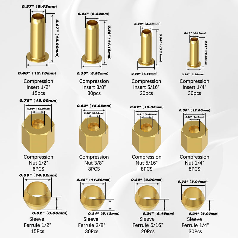 [Australia - AusPower] - 220PCS Compression Fittings Assortment kit - 4 sizes (1/4", 3/8", 5/16", 1/2") of Brass Compression Sleeve Ferrule, Insert and Nuts,Connect Lines for Air,Water,Fuel,Oil and Inert Gases 220pcs Kit 