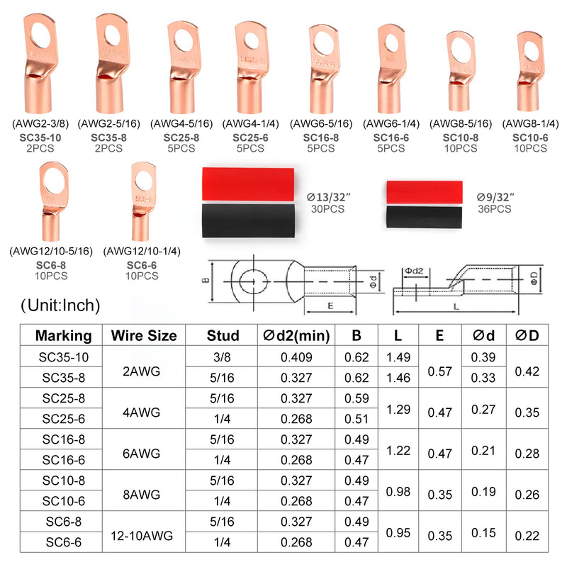 [Australia - AusPower] - Copper Wire Lugs,Terminal Connectors,Used on AWG12 10 8 6 4 2 Cable,Heat Shrink Set,Bare Copper Eyelets,Ring Terminals Connectors,64Pcs Battery Cable Lugs Ends and 66Pcs Heat Shrink Tubing (130PCS) 130PCS 