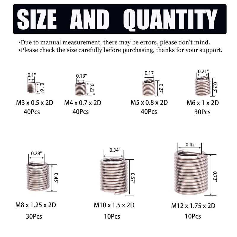 [Australia - AusPower] - Wire Screw Sleeve Thread Repair Inserts Assortment Kit 304 Stainless Steel Metric M3 M4 M5 M6 M8 M10 M12 Wire Thread Inserts Helicoil Thread Repair Kit 210Pcs 