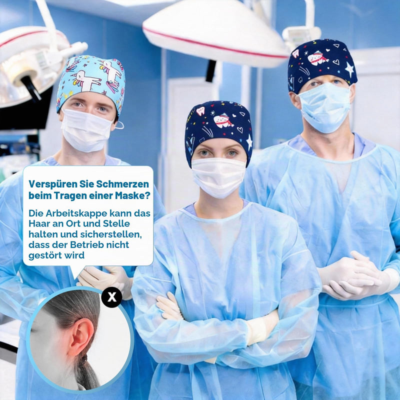 Pack of 2 Surgical Caps, Fabric Print, Unisex Nurse Cap | Adjustable Work Cap with Sweatband Headwear for Nurses Dentists Doctors (Unicorn, Teeth) light blue