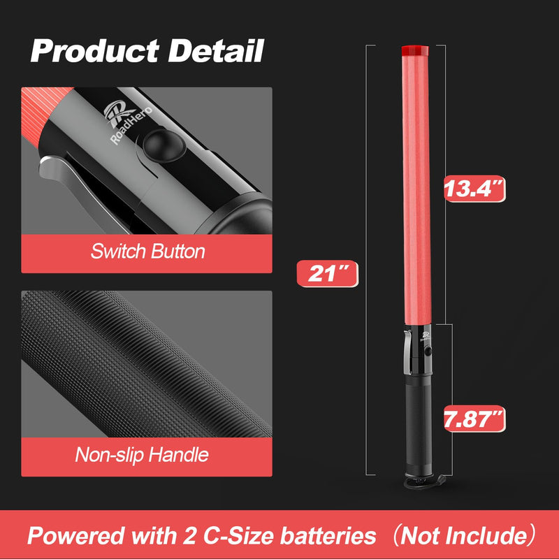 [Australia - AusPower] - RoadHero 1 Pack Traffic Wand, 21 Inch Led Traffic Control Baton, Safety Light Wands with 2 Flashing Modes, Air Marshaling Signal Wand with Side Clip for Airport, Parking, Car Directing Red 