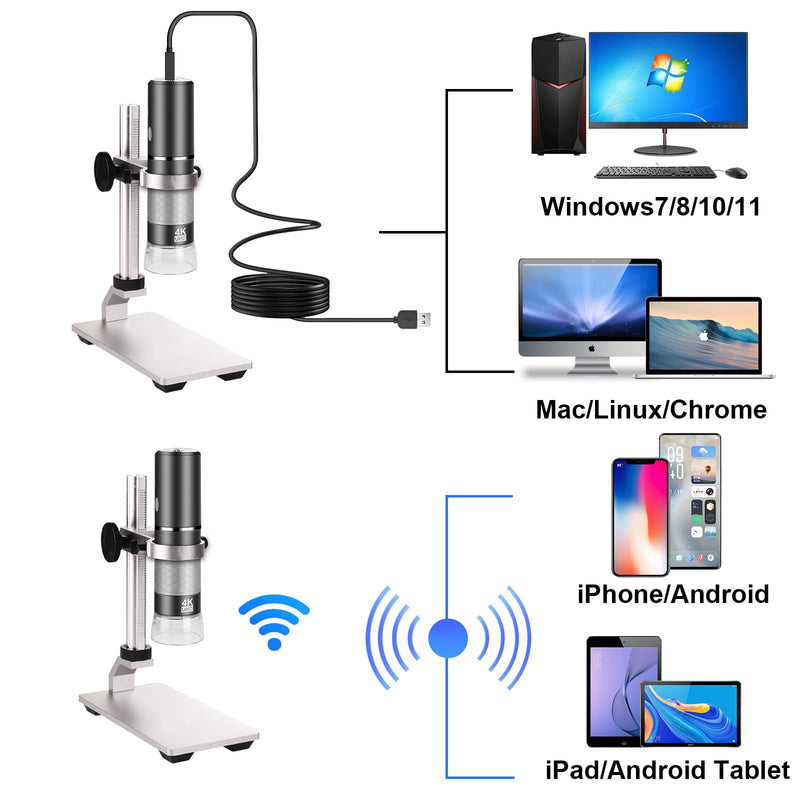 [Australia - AusPower] - Cainda 4K 3840 x 2160p WiFi Digital Microscope Camera with Adjustable Metal Stand, Wireless Portable Microscope for iPhone Android Phone and Windows Mac PC wifi microscope 