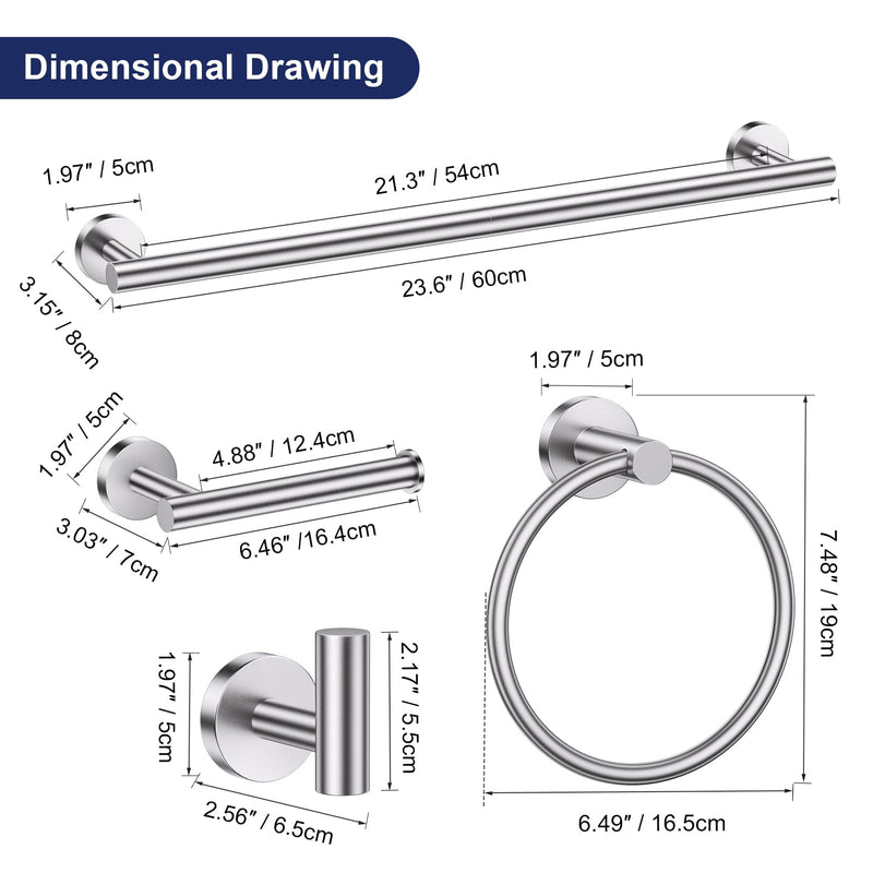 Lairuier 5 Pieces Brushed Nickel Bathroom Accessories Set, 23.6 Inch Bath Towel Bar Set, SUS304 Stainless Steel Bathroom Hardware Set Round Toilet Paper Holder Set Wall Mounted 5-Piece Standard Set
