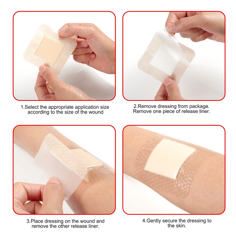 [Australia - AusPower] - Silicone Foam Dressing with Adhesive Border  Wound Dressing Bandage  Silicone Foam Pad  Pack of 10  2 x 2 Inches Large Waterproof Bandages  Self Adhesive Wound Care and Dressings 2" x 2",10pack 