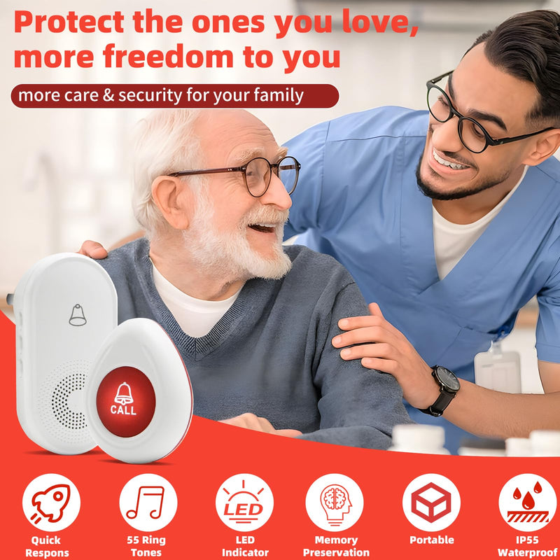 Wireless Caregiver Pager SOS Call Button for Elderly Monitoring 1000+ Feet Life Alert，Emergency Alert System Call Bell for Nurse Patient Disabled 1 Waterproof Transmitter & 1 Plugin Receiver