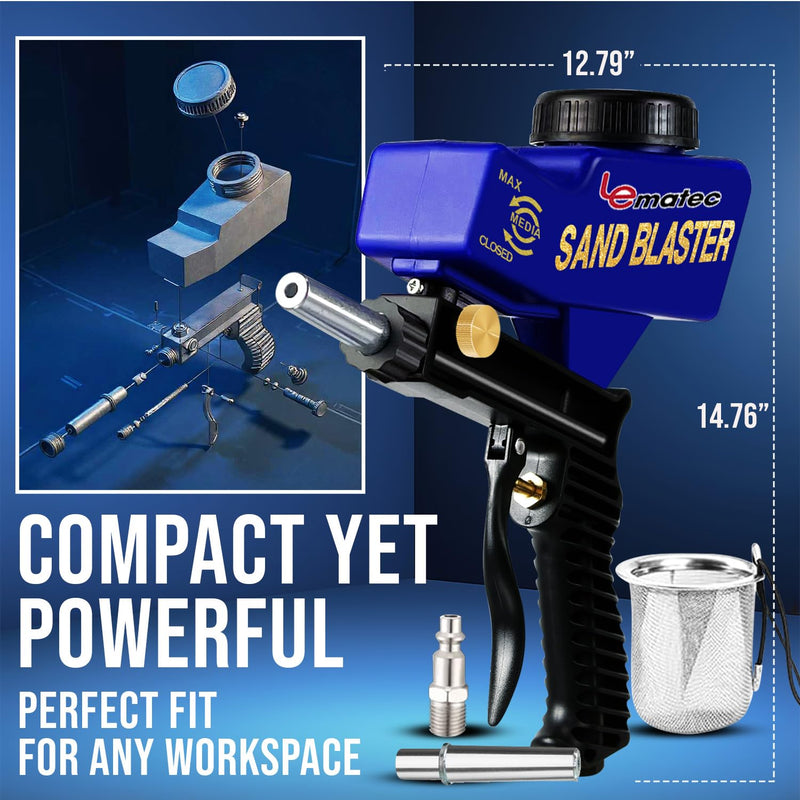 [Australia - AusPower] - LE LEMATEC Sandblaster Gun Kit for Air Compressor, Portable Sandblaster for Paint & Rust Removal, Abrasive Media Blaster for Wood, Metal, Auto & DIY, Works with Soda, Sand, Walnut & Aluminum Oxide 