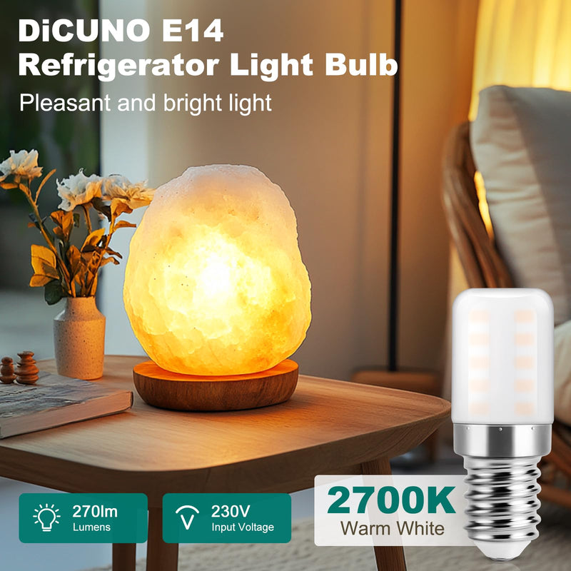 DiCuno Fridge Lamp E14 LED 3W Warm White 2700K Replaces 30W Pack of 2 | E14 LED Lamp 270 lm, CRI 82, 360° Beam Angle, Non-Dimmable, 230 V AC, for Refrigerator, Extractor, Sewing Machine, Salt Lamp