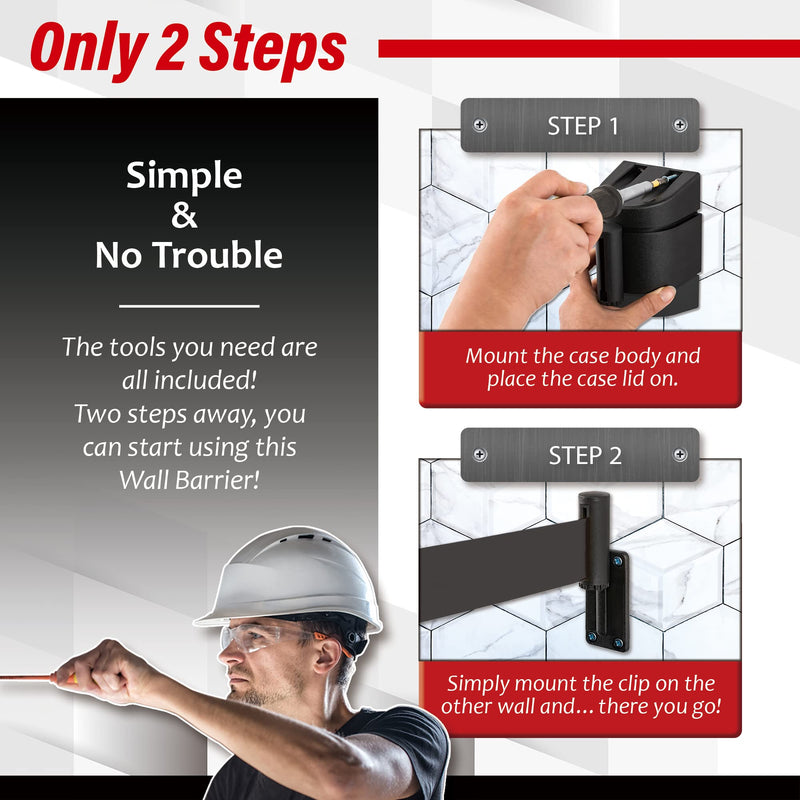 DuraSteel Wall Mount Retractable Belt Barrier - 6.5 Ft Black Safety Belt in Sturdy Black Casing - Guardian 2.0 Indoor & Outdoor Do Not Cross Caution Tape for Crowd Control Queue Barrier, Line Divider Guardian 2.0 Black Body Black Belt 1