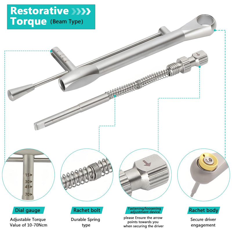 [Australia - AusPower] - Dental Implant Torque Wrench Set, Fully Autoclavable Universal Prosthetic Kit: 10-70Ncm Adjustable Ratchet, 16pcs Screwdrivers and Case for Disassemble/Secure Implant Restorations 