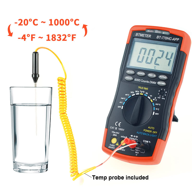 BTMETER Digital Multimeter, Handheld TRMS 6000 Multi Meter Auto Range Voltmeter Ammeter Measure AC DC Volt Amp Ohm Continuity Capacitance Frequency Diode hFE Transistor Temp 770HC-APP 6000 Counts Multimeter Logger 770HCAPP