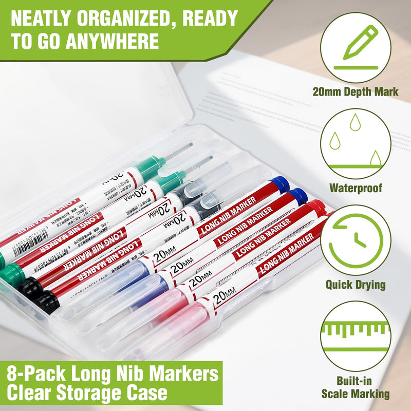 8pcs Long Nib Marker, Long Head Deep Hole Marker Pens, Waterproof Construction Markers Marking Tool, Multi-Purpose Deep Reach Pen Makes For Metal, Carpenter, Woodworking, Gift for Father's Day 8pcs-20mm