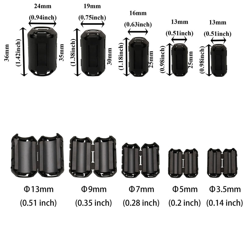 Ferrite Clip-on Ferrite Ring Core RFI EMI Noise Reducer Cable Clip for 3.5 mm 5 mm 7 mm 9 mm 13 mm Inner Diameter TVs, Radio, Audio Equipment Noise Reducer Video Cable Power Cable Pack of 70