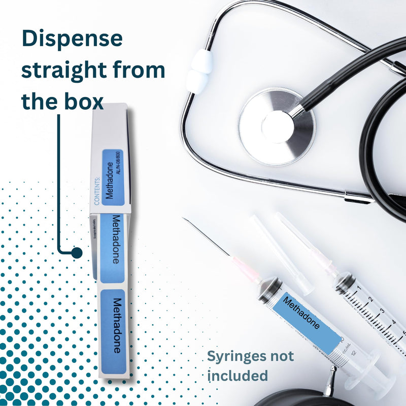 [Australia - AusPower] - Methadone Anesthetic Syringe Labels - Box of 800 Labels on Roll (1" core). 12mm x 40mm (Approx 0.5" x 1.5"). Latex-Free Permanent Adhesive. Printed in Australia by Specialist Medical Printer 