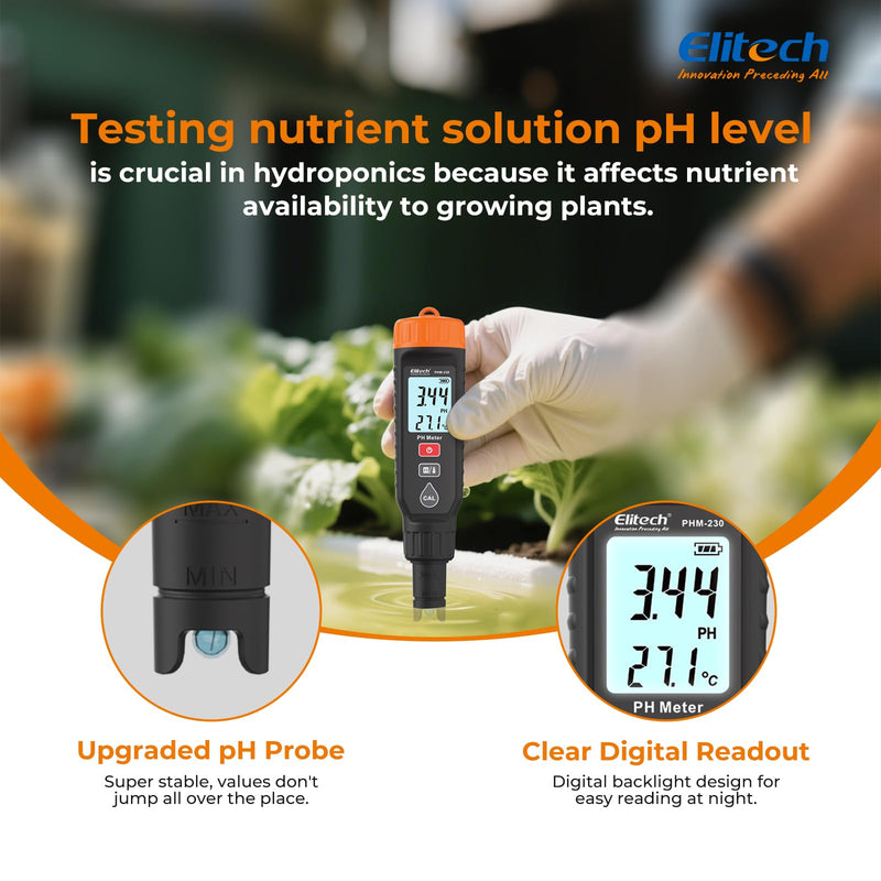 [Australia - AusPower] - Elitech Professional pH Pen Meter - Digital Tester for pH & Temperature in Hydroponics, Growing Solutions with Full Calibration Kit for Plant Health, PHM-230 