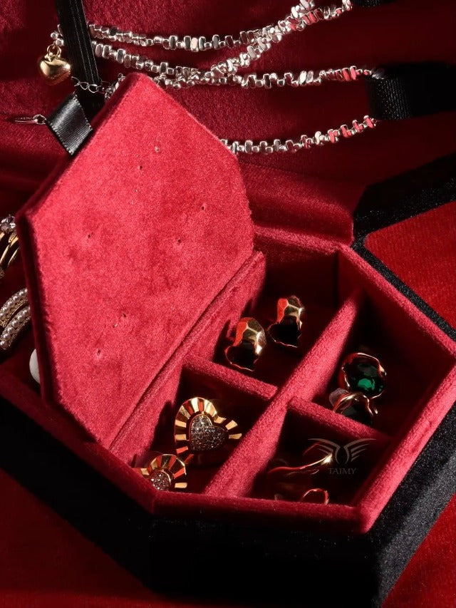 TAIMY Coffin Jewelry Box, Goth Jewelry Box, Velvet Gothic Jewelry Organizer Black Red 4 Grid