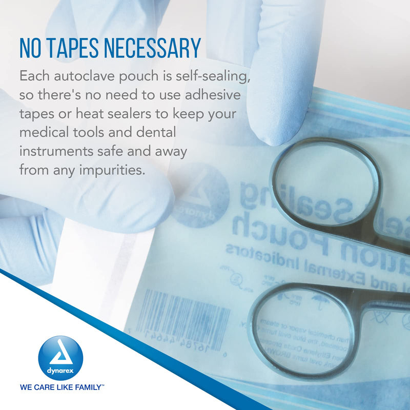 Dynarex Sterilization Pouches - Self-Sealing Autoclave Bags for Medical, Dental, Tattoo & Nail Care Tools - Blue-Tinted Transparent Cover, Dual Color Indicators (5.25" x 7.5", 200) 5.25" x 7.5"