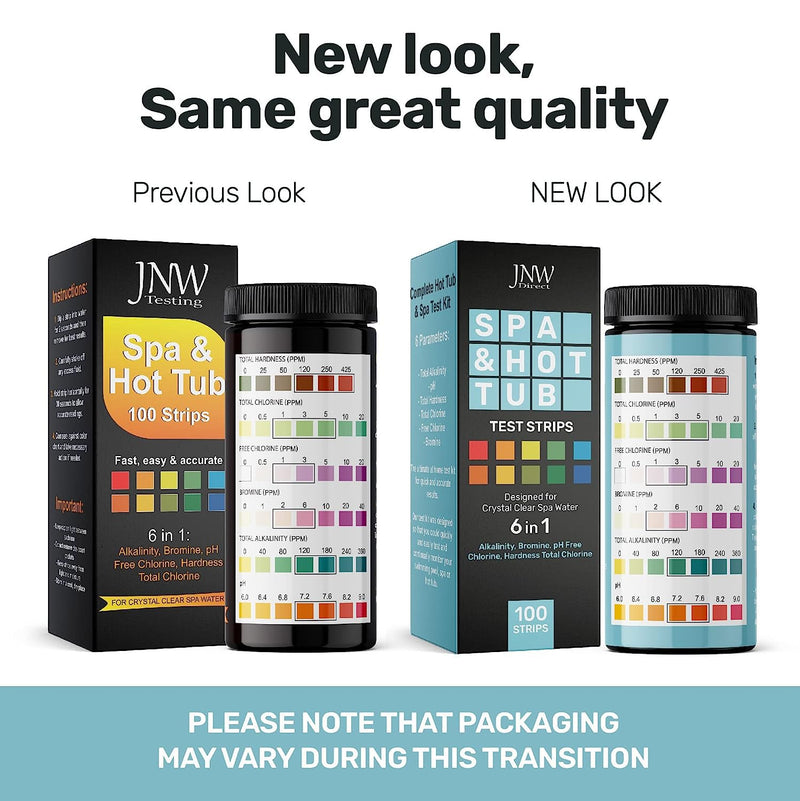 Hot Tub and Pool Test Strips - 6in1 Quick & Accurate Hot Tub, Spa, Pool Test Strips - 100 Water Test Strips, Water Test Kit with E-Book - Test Chlorine, Bromine, pH, Hardness, Alkalinity - JNW Direct HOT TUB TEST STRIPS - 100 STRIPS